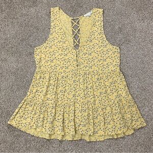 American Eagle Top Womens Medium Yellow Floral Print Viscose Ruffle Boho Tank